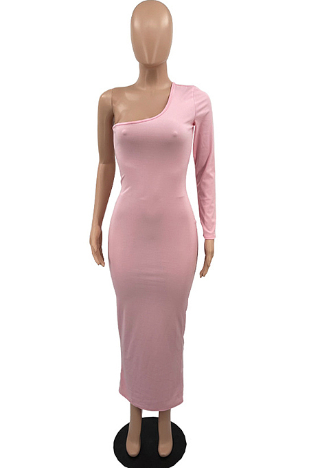 Euramerican Women Pure Color One Shoulder Long Dress QL1013