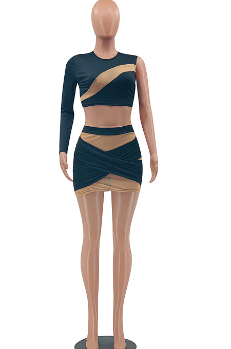 Euramerican Women Net Yarn Spliced IOne Shoulder Two-Piece OEP6281