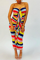 Sexy Shoulder Flounce Color Striped Long Dress N9205