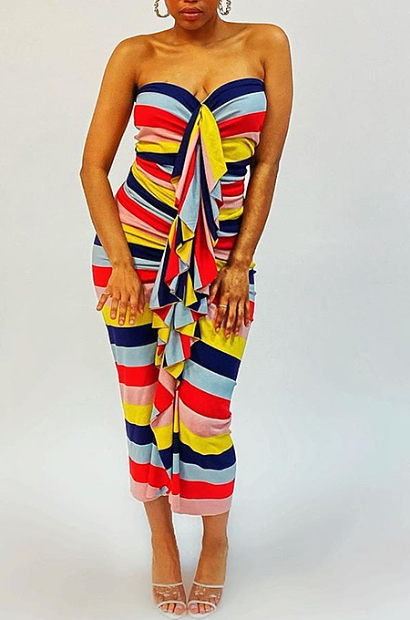 Sexy Shoulder Flounce Color Striped Long Dress N9205