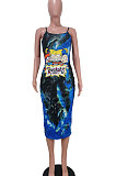Trendy Women Tie Dye Cartoon Graphic Condole Belt Midi Dress AMN8001