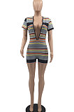 Color Stripe Screw Thread Short Sleeve Deep V Neck Romper Shorts MLM9063