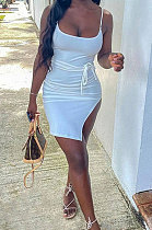 Fashion Sexy Skirt Slit Condole Belt Pure Color Mini Dress AFM2015