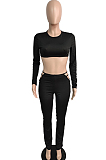 Sexy Pure Color Midriff Waistband Hollow Out Fashion Sets JG024