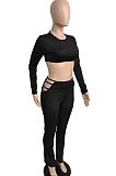 Sexy Pure Color Midriff Waistband Hollow Out Fashion Sets JG024