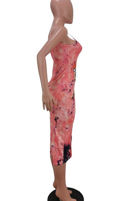 Trendy Women Tie Dye Cartoon Graphic Condole Belt Midi Dress AMN8001