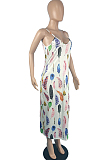 Sest Sling Low Bosom Open Fork Feather Print Dress JG042