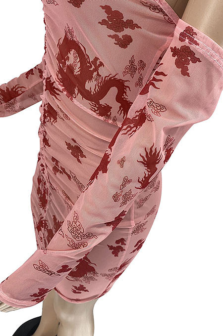 Bud Silk Shirred Detail Longteng Printing Fashion Sexy Condole Belt Mini Dress AFM2011