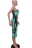 Trendy Women Tie Dye Cartoon Graphic Condole Belt Midi Dress AMN8001