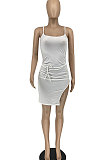 Fashion Sexy Skirt Slit Condole Belt Pure Color Mini Dress AFM2015
