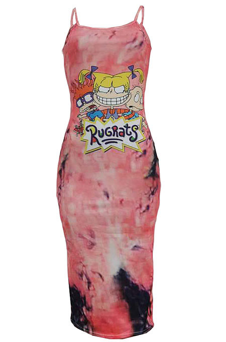 Trendy Women Tie Dye Cartoon Graphic Condole Belt Midi Dress AMN8001