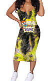 Trendy Women Tie Dye Cartoon Graphic Condole Belt Midi Dress AMN8001
