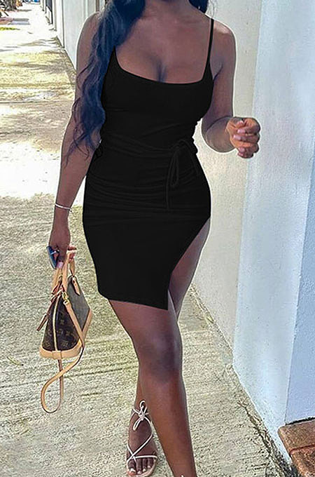 Fashion Sexy Skirt Slit Condole Belt Pure Color Mini Dress AFM2015
