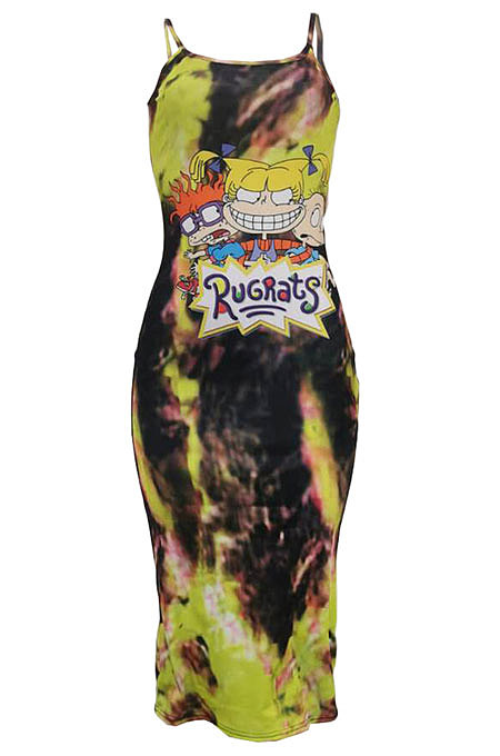 Trendy Women Tie Dye Cartoon Graphic Condole Belt Midi Dress AMN8001