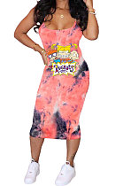 Trendy Women Tie Dye Cartoon Graphic Condole Belt Midi Dress AMN8001