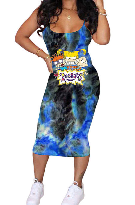 Trendy Women Tie Dye Cartoon Graphic Condole Belt Midi Dress AMN8001