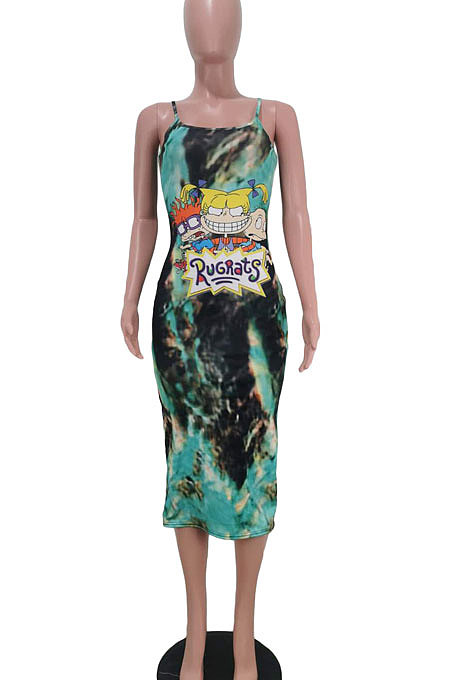 Trendy Women Tie Dye Cartoon Graphic Condole Belt Midi Dress AMN8001