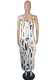 Sest Sling Low Bosom Open Fork Feather Print Dress JG042