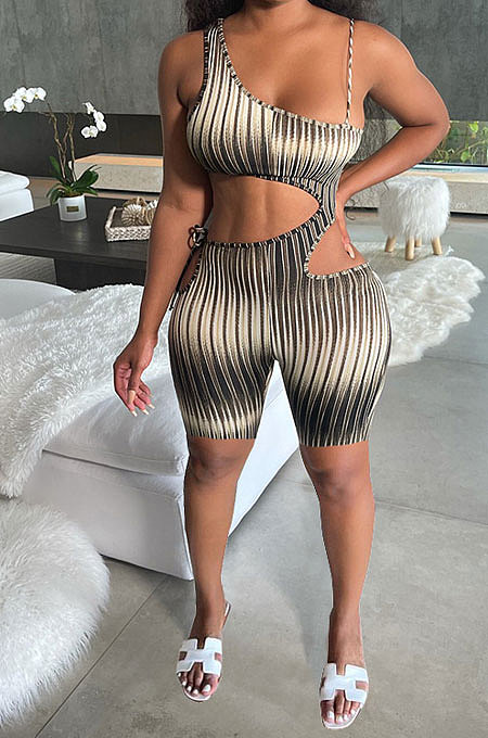 Fashion Sexy Hollow Out Printing Knotted Strap Asymmetric Romper Shorts MLM9061