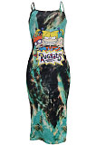 Trendy Women Tie Dye Cartoon Graphic Condole Belt Midi Dress AMN8001