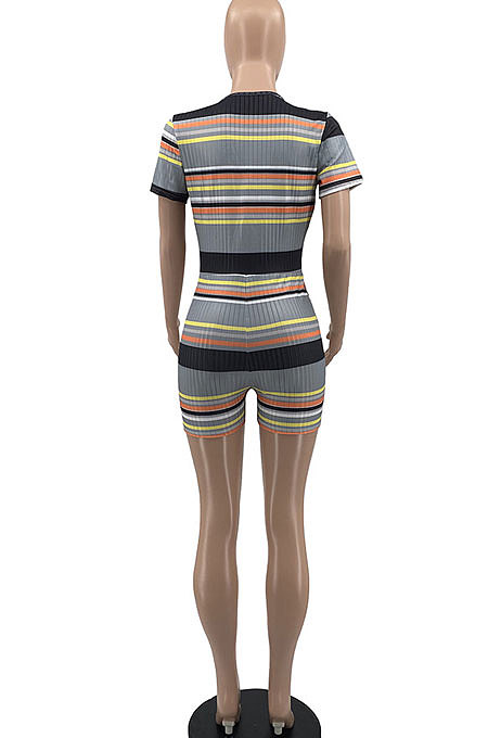 Color Stripe Screw Thread Short Sleeve Deep V Neck Romper Shorts MLM9063
