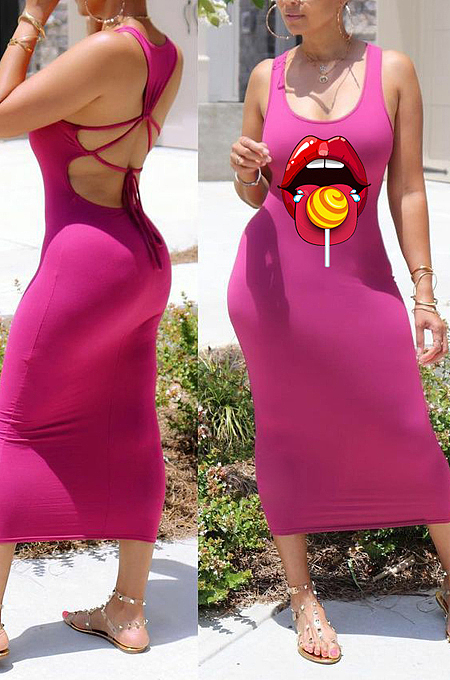 Summer Fashion Vest Lips Print Casual Dress JG021