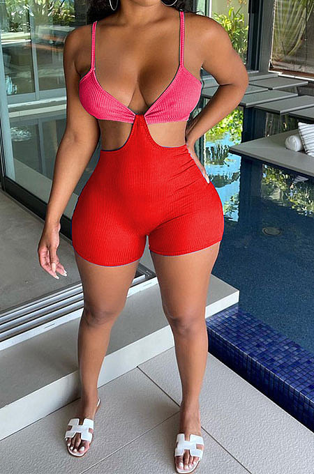 Screw Thread Contrast Color Condole Belt Bandeau Bra Sexy Romper Shorts MLM9060