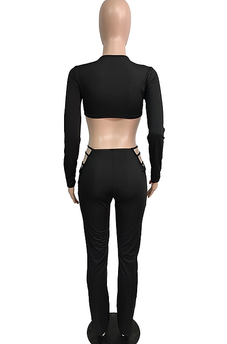 Sexy Pure Color Midriff Waistband Hollow Out Fashion Sets JG024
