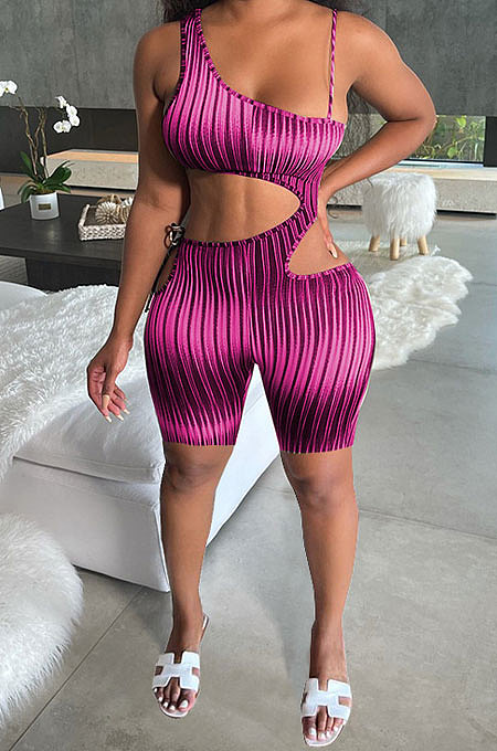 Fashion Sexy Hollow Out Printing Knotted Strap Asymmetric Romper Shorts MLM9061