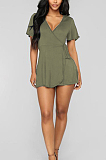 Women Casual Brief Paragraph Pure Color V Neck Jumpsuit SMR10022