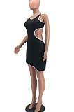 Fashion Women Hollow Out Casual Tight Package Buttocks Pure Color Mini Dress MQX2331