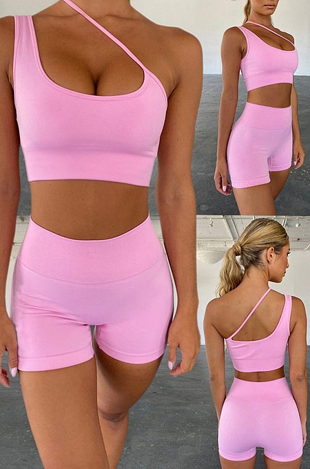 Night Club Asymmetric Sleeveless Pure Color Yoge Sport Two-Piece QQ5241