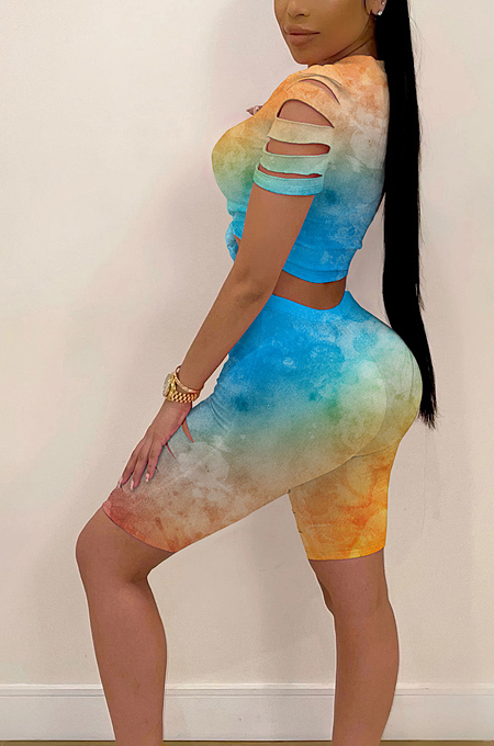 Fashion Hurnt Flower Lips Tie Dye Two-Piece HY5218 