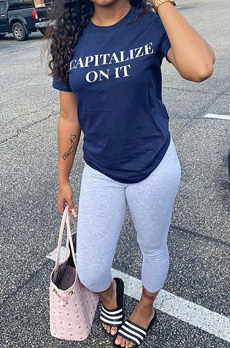 Women Letter Printing Loose Casual Round Neck T Shirts MQX2330