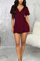 Women Casual Brief Paragraph Pure Color V Neck Jumpsuit SMR10022