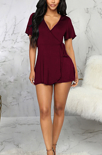 Women Casual Brief Paragraph Pure Color V Neck Jumpsuit SMR10022