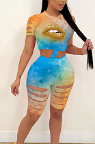 Fashion Hurnt Flower Lips Tie Dye Two-Piece HY5218 