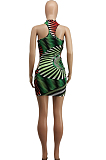 Sexy Sleeveless Irregularity Pachage Buttocks Print Dress SDE2114