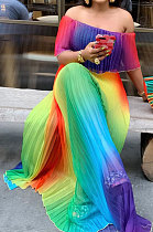 Off Shoulder Pleat Digital Printing Long Dress BMC9815