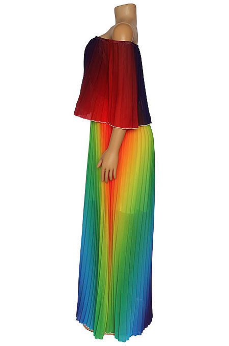 Off Shoulder Pleat Digital Printing Long Dress BMC9815
