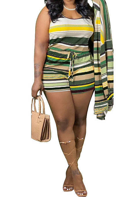 Contrast Color Stripe Vest Shorts Two-Pieces （Do Not Contain Coat）KXL820