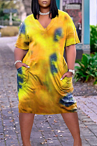 Casual Loose Tie Dye Print V Neck Dress With A Pocket TK6171