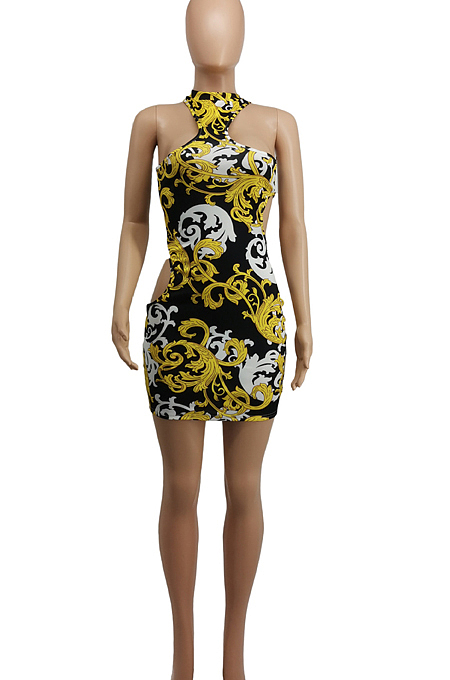 Sexy Sleeveless Irregularity Pachage Buttocks Print Dress SDE2114