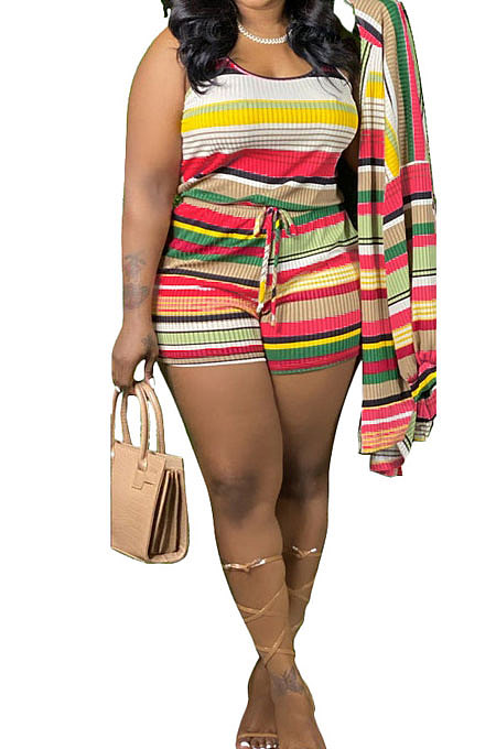 Contrast Color Stripe Vest Shorts Two-Pieces （Do Not Contain Coat）KXL820