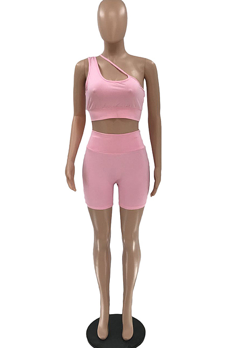 Night Club Asymmetric Sleeveless Pure Color Yoge Sport Two-Piece QQ5241