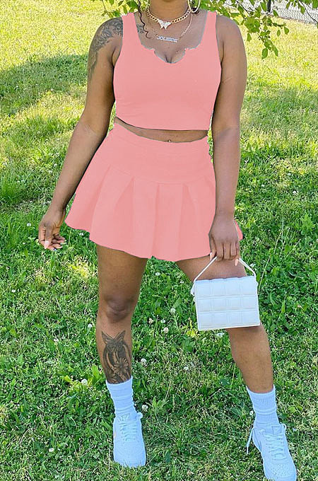 Fashion Casual Sexy Pure Color Dew Waist U Neck Cultivate One's Morality Vest Trouser Skirt Two-Pieces SM9173