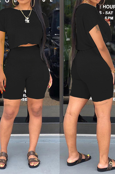 Euramerican Round Neck Short Sleeve Pochet Shorts Two-Piece WY6780