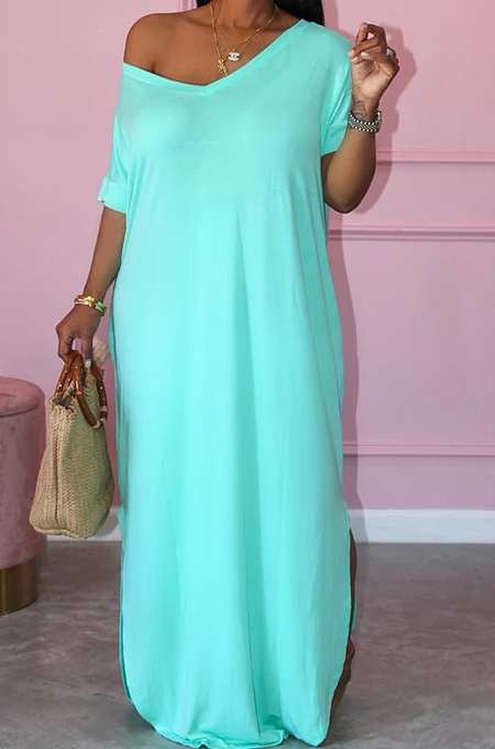 Fashion Short Sleeve Hem Open Fork Deep V Loose Long Dress X9300