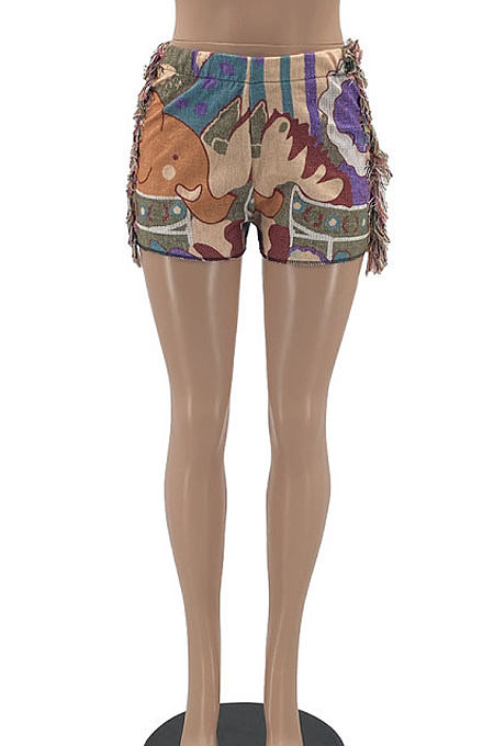 Leisure Positioning Printing Summer Colorful Pattern Women Tassel Shorts MLM9064
