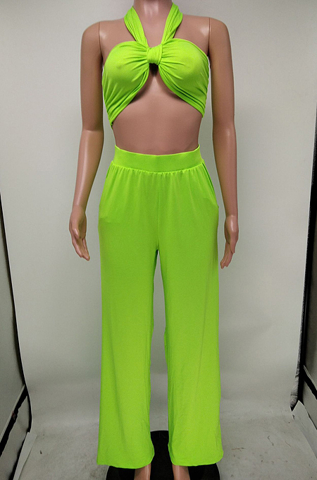 Euramerican Women Pure Color Chest Wrap Top Loose Pants Two-Piece X9297 